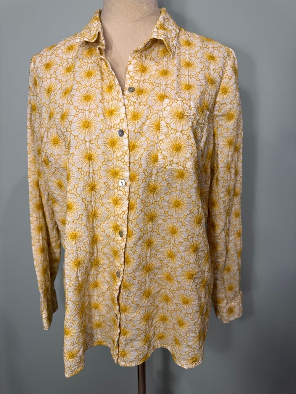 J. Jill Yellow and White Floral Button-Down Shirt